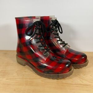 Dirty Laundry Red Black Buffalo Plaid Rain Combat Boots Womens 10 Lace Up Grunge